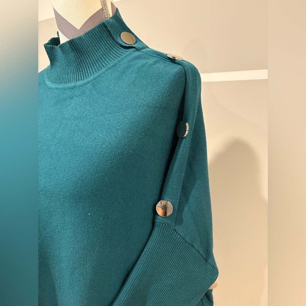 Teal Button-Detail Turtleneck Poncho Sweater